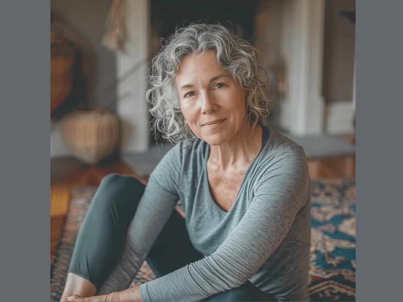 A mature woman engages in various self-care activities including stretching and light yoga