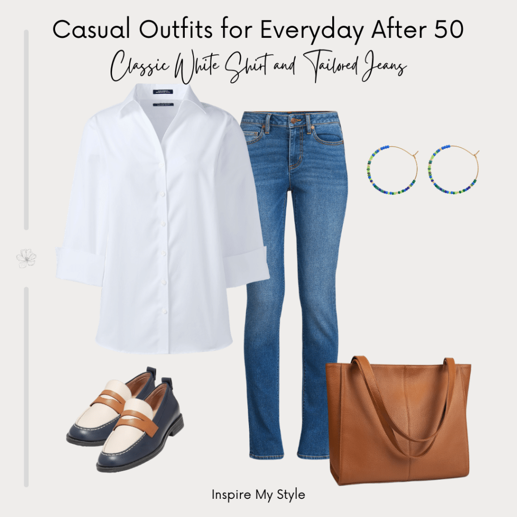 everyday casual outfit for women with jeans and white shirt