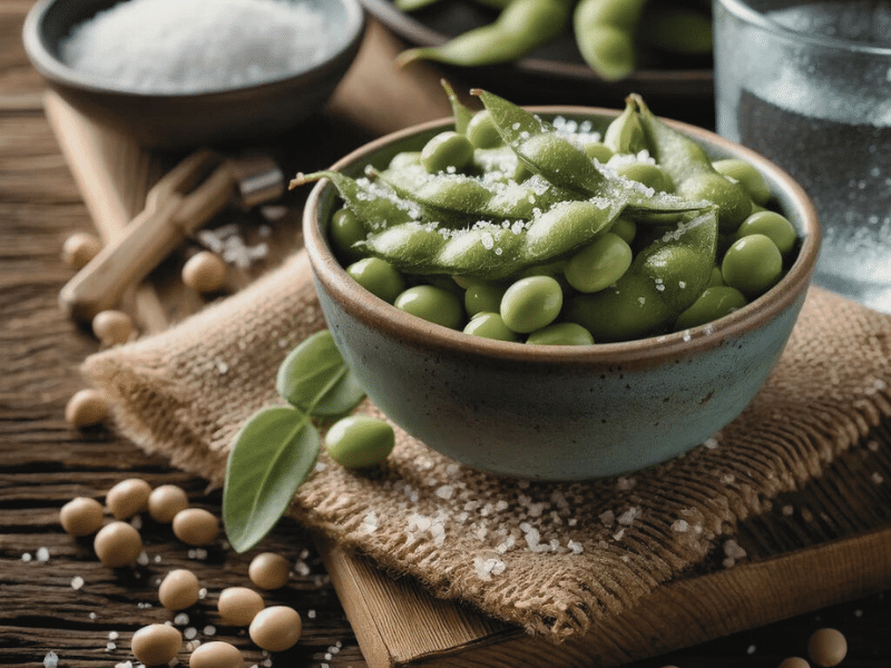 A bowl of steamed edamame sprinkled with sea salt, with soybeans, a small bowl of sea salt, and a glass of water in the background on a rustic wooden table.