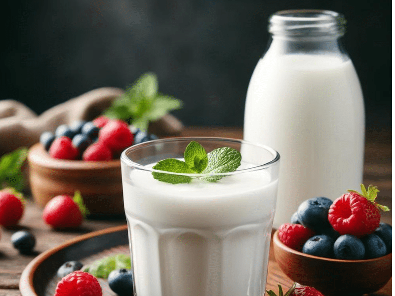 A glass of creamy kefir with a sprig of mint, fresh berries, and a bottle of kefir in the background, set on a rustic wooden table