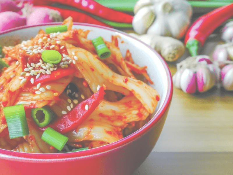 A vibrant bowl of kimchi with fermented vegetables, sesame seeds, green onions, and ingredients like garlic, ginger, and chili peppers in the background.
