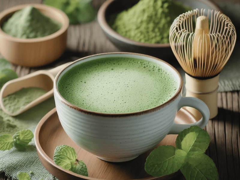 A steaming cup of hot matcha tea on a wooden table with a bamboo whisk, a small bowl of matcha powder, and fresh mint leaves in the background.