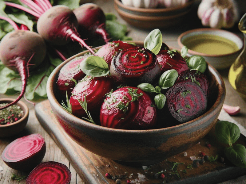 A vibrant bowl of roasted beets garnished with fresh herbs, with raw beets, a small bowl of olive oil, and garlic cloves in the background on a rustic wooden table.