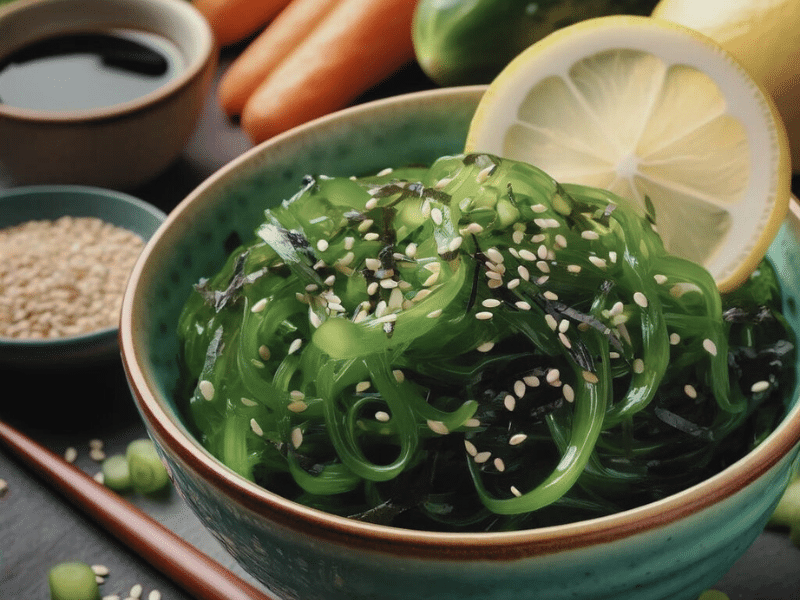 A vibrant bowl of seaweed salad garnished with sesame seeds and a slice of lemon, with fresh ingredients like cucumbers, carrots, and a small bowl of soy sauce in the background.