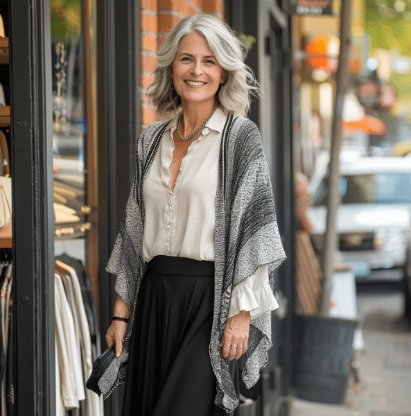 a smiling mature woman with gray hair, wearing a skirt, top, and shawl