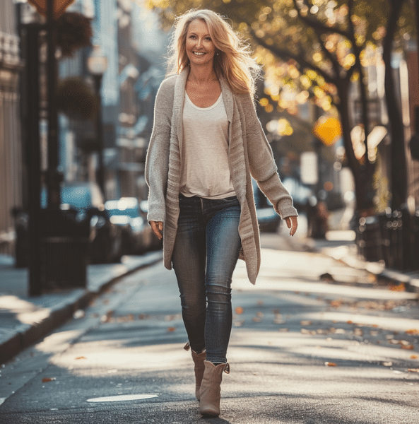 a smiling midlife woman wearing an outfit for early fall weather