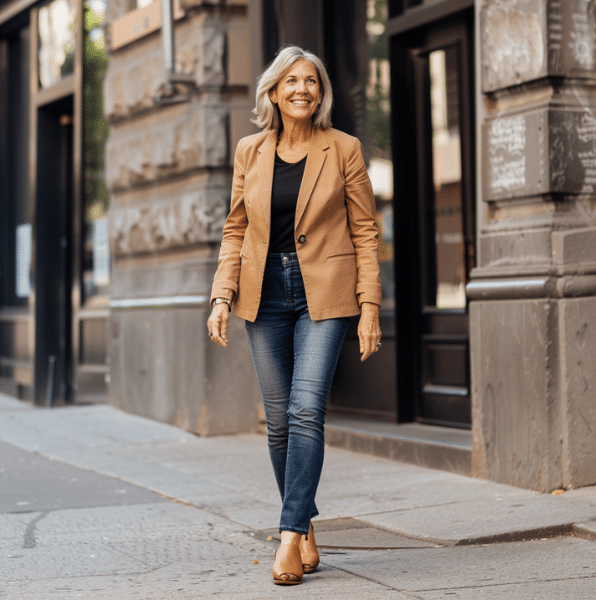 a smiling woman walking on a city street with jeans and a blazer