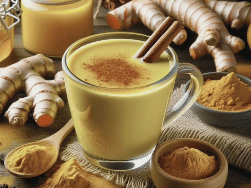 A nutrient rich food - a cup of golden turmeric milk garnished with a cinnamon stick, fresh turmeric roots, a jar of honey, and spices like cinnamon and black pepper in the background